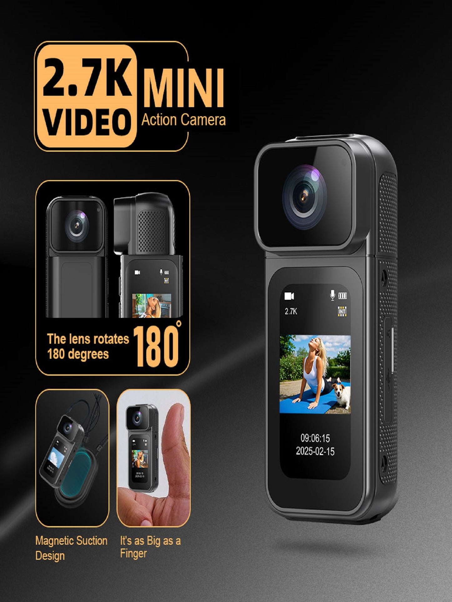 2.7K Mini DV Camera with 180° Rotating Lens & WiFi | Magnetic Mount,Black