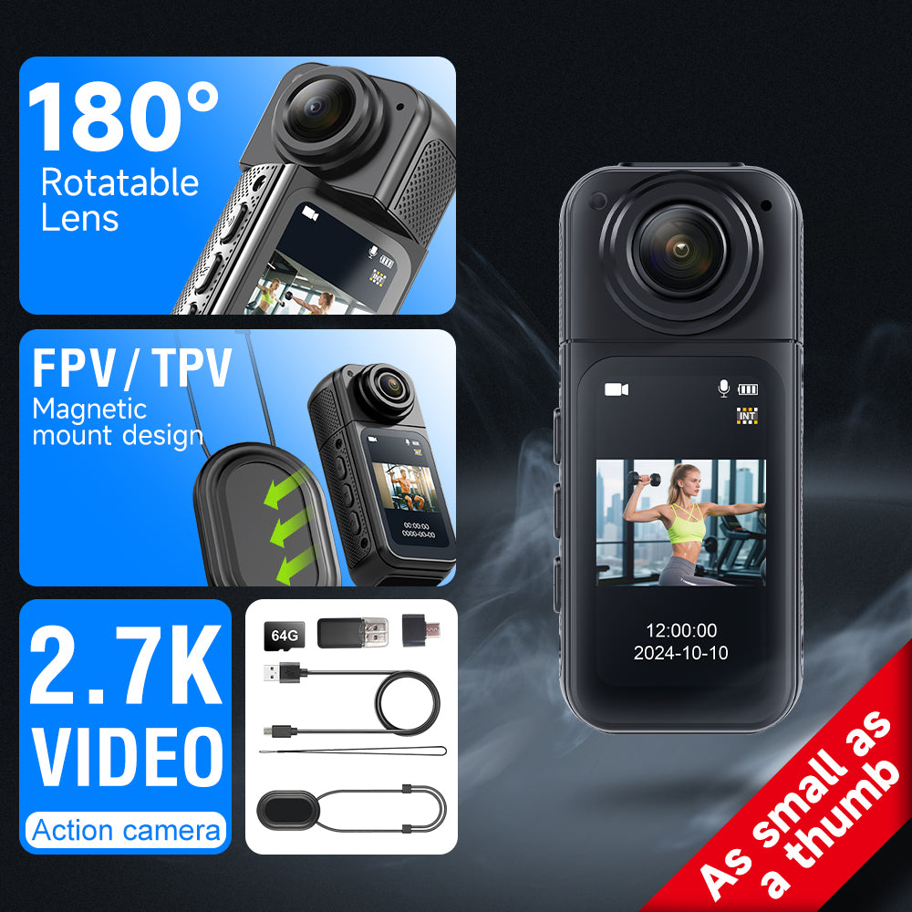 2.7K Mini DV Camera with 180° Rotating Lens & WiFi | Magnetic Mount,S70,black